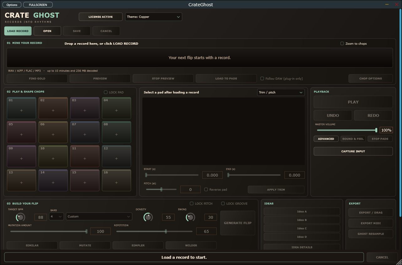 CrateGhost: sample-chopping workspace and sixteen pads, before loading a recording (Windows 0.31.1)