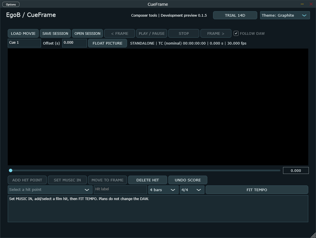 CueFrame 0.1.5 standalone interface on Windows.