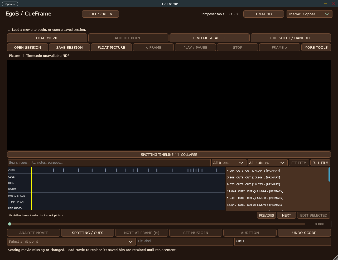 CueFrame 0.15.0 standalone interface on Windows.