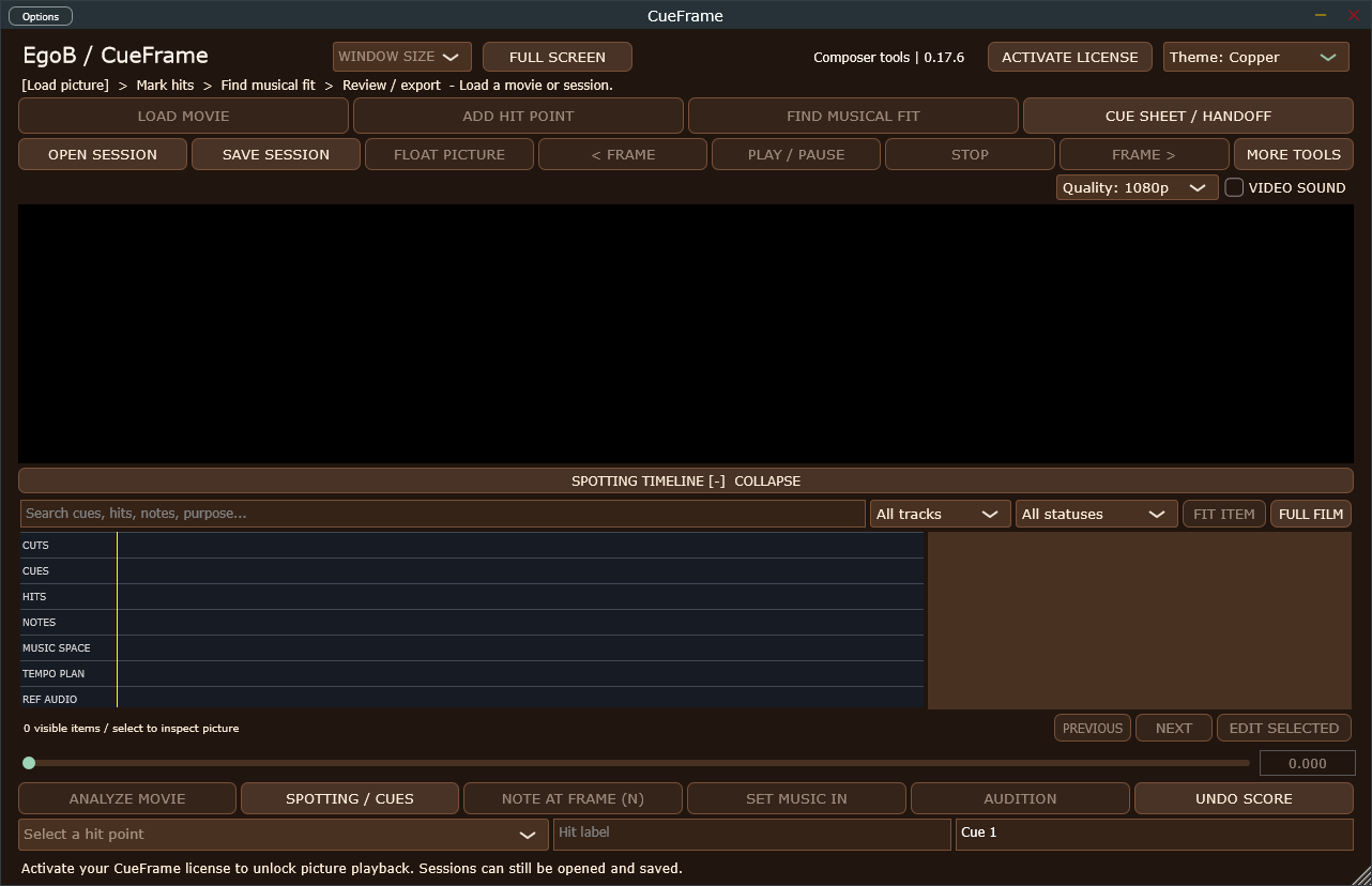 CueFrame 0.17.6 standalone interface on Windows.
