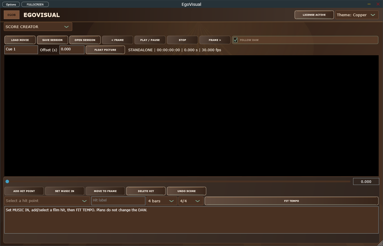 EgoVisual: score creator workspace, before loading a movie (Windows 5.10.1)