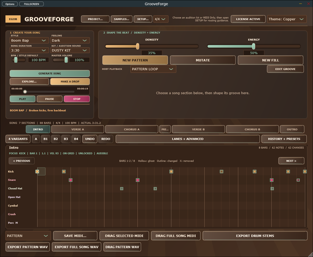 GrooveForge: first-song workflow and drum pattern editor (Windows 2.6.4)