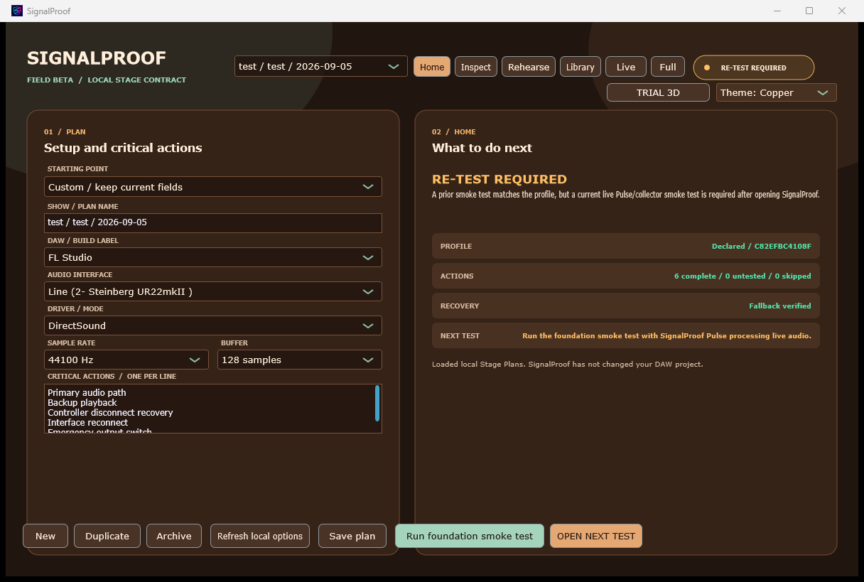 SignalProof 0.9.3 standalone interface on Windows.