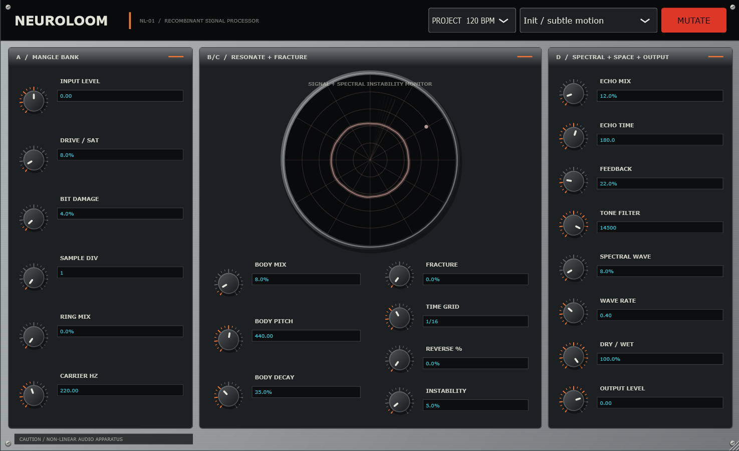 Complete Neuroloom interface showing Mangle, Resonate and Fracture, and Spectral, Space and Output sections