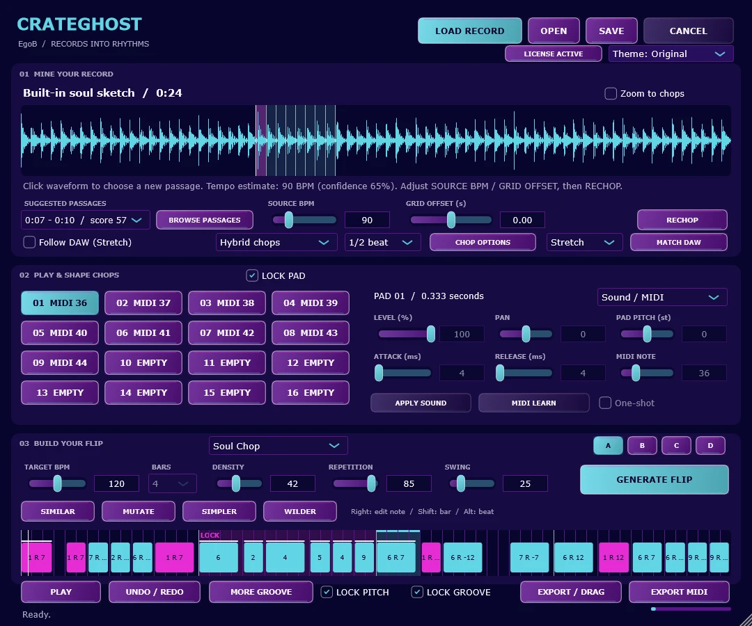 CrateGhost 0.9.0 Windows interface with sample chops, pads and pattern variations