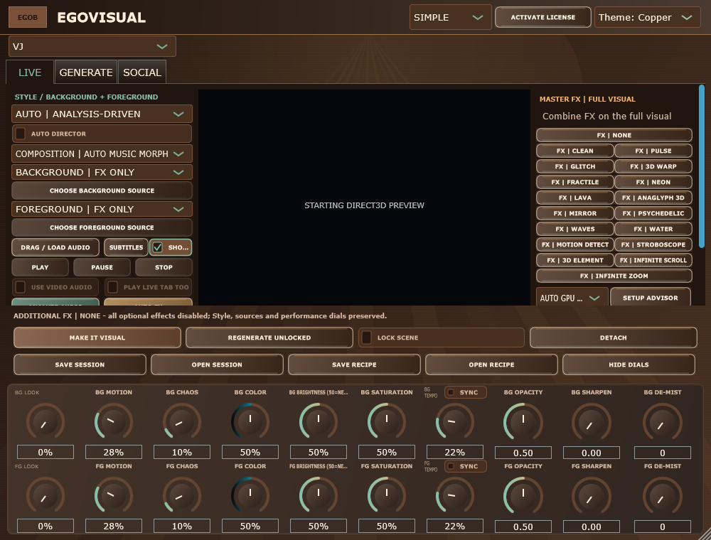 EgoVisual 5.10.0 Windows VJ controls (no media loaded)