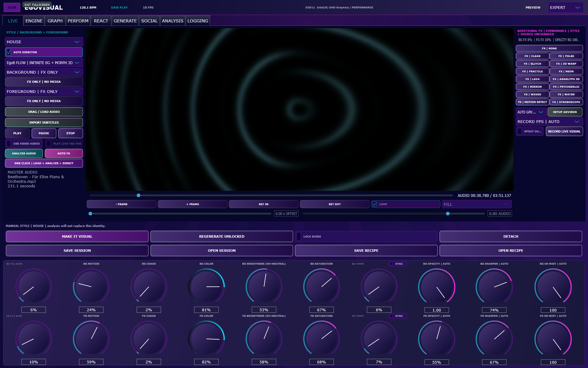 EgoVisual live visual preview with Auto Director and reactive effect controls