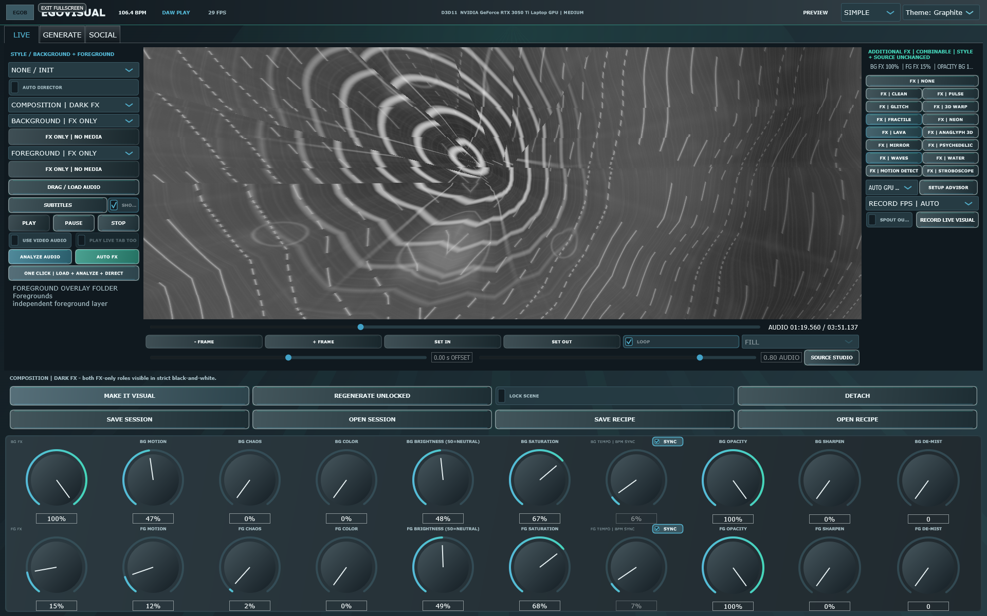 EgoVisual live visual workspace with effects and background and foreground controls