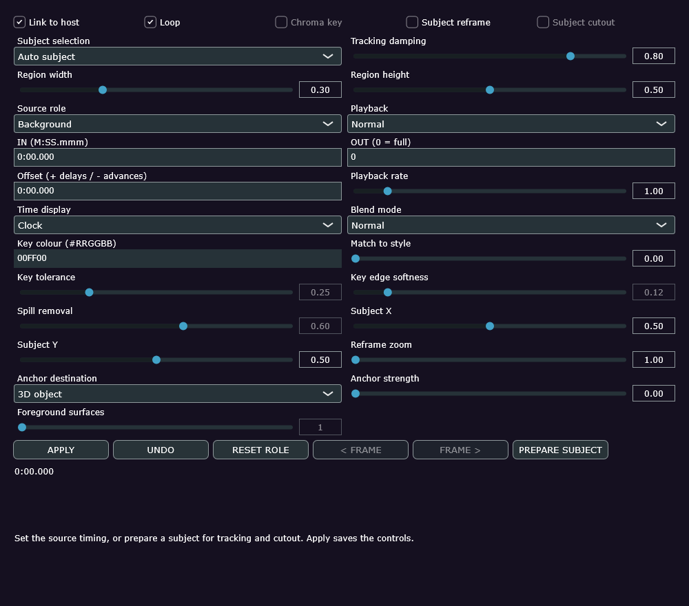 EgoVisual 5.8.5 Source Studio playback, subject preparation and compositing controls