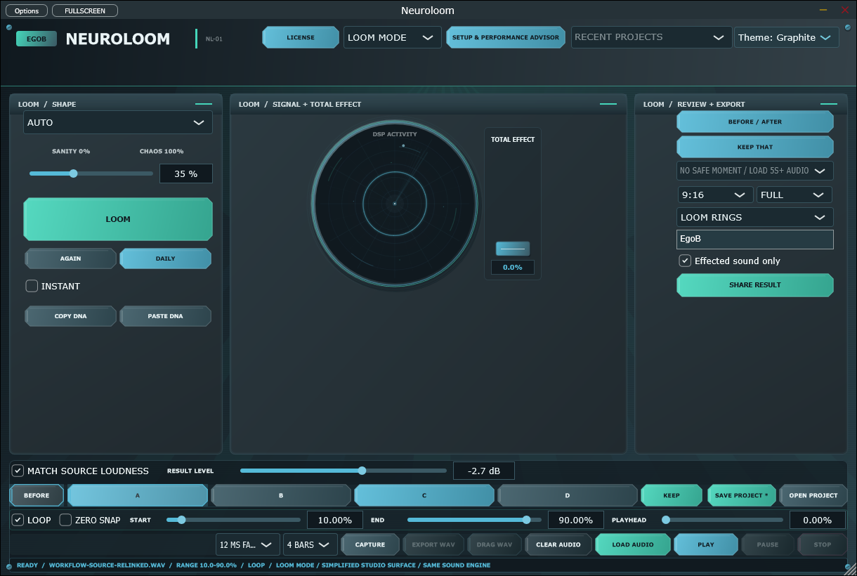 NeuroLoom 2.12.3 LOOM workspace with source loudness matching and creator export controls