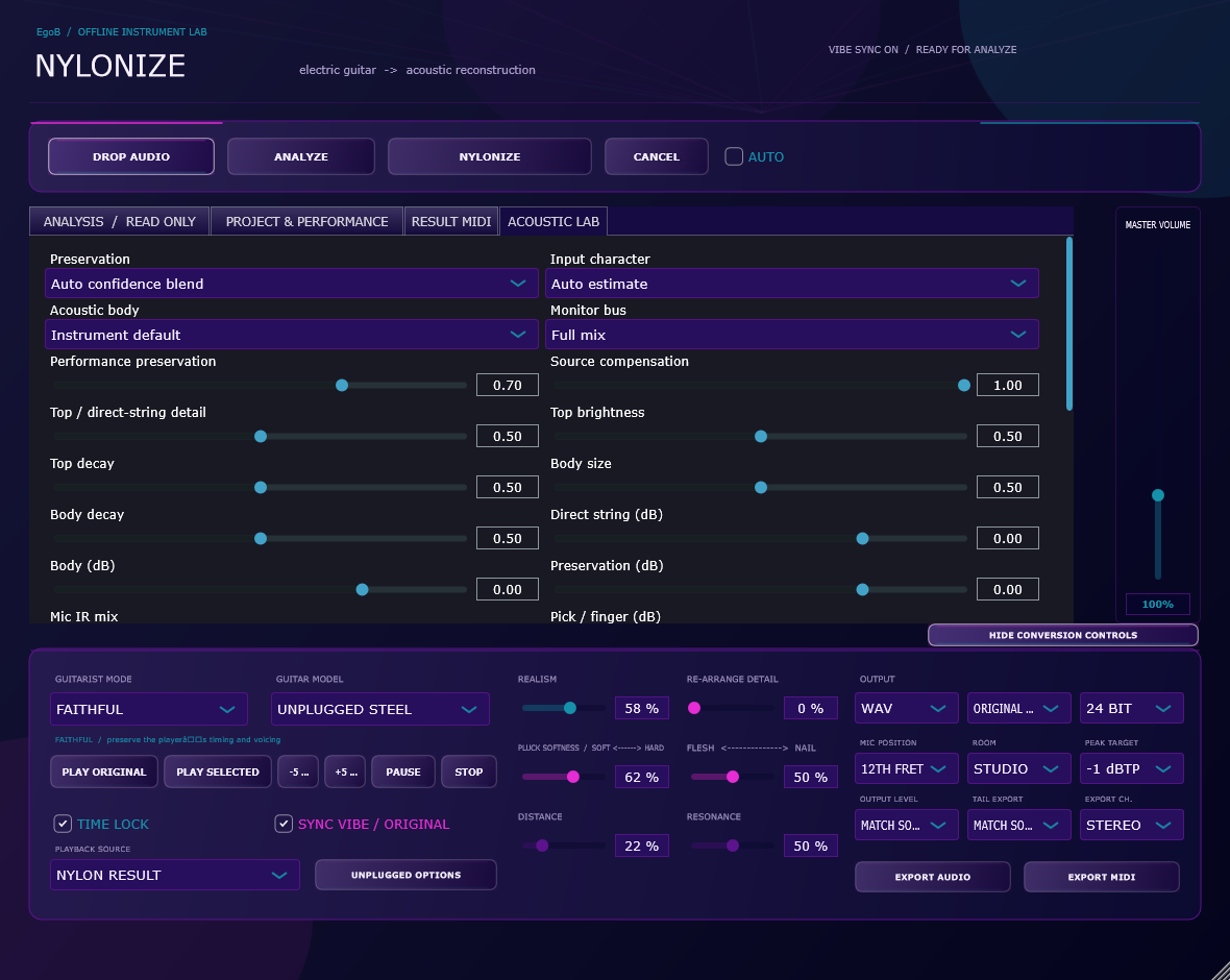 Acoustic Lab, conversion controls and separate Analyze and NYLONIZE actions