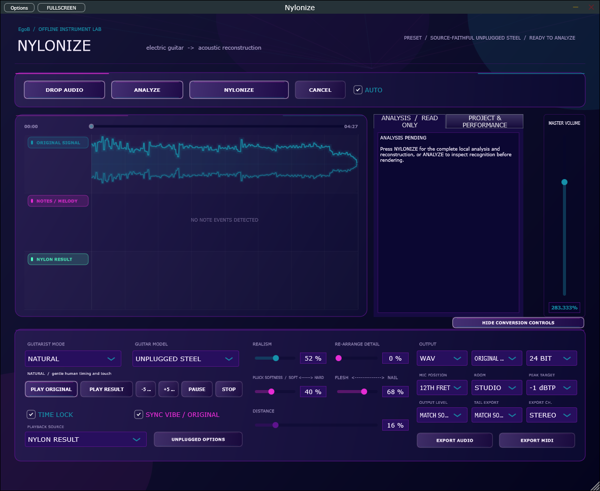 Nylonize guitar reconstruction workspace with waveform and performance controls