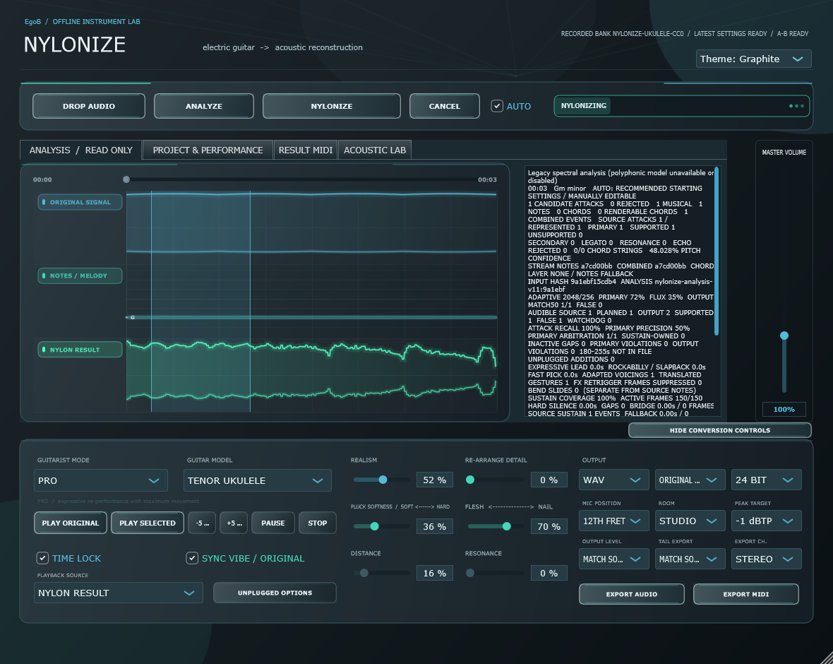Nylonize 1.24.0 conversion workspace with separate Analyze and NYLONIZE actions