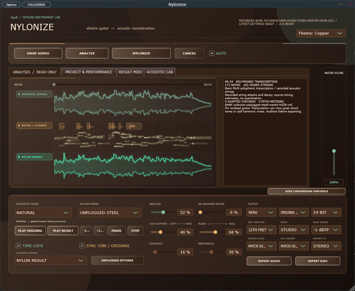 Nylonize guitar reconstruction workspace with analyzed notes and rendered audio