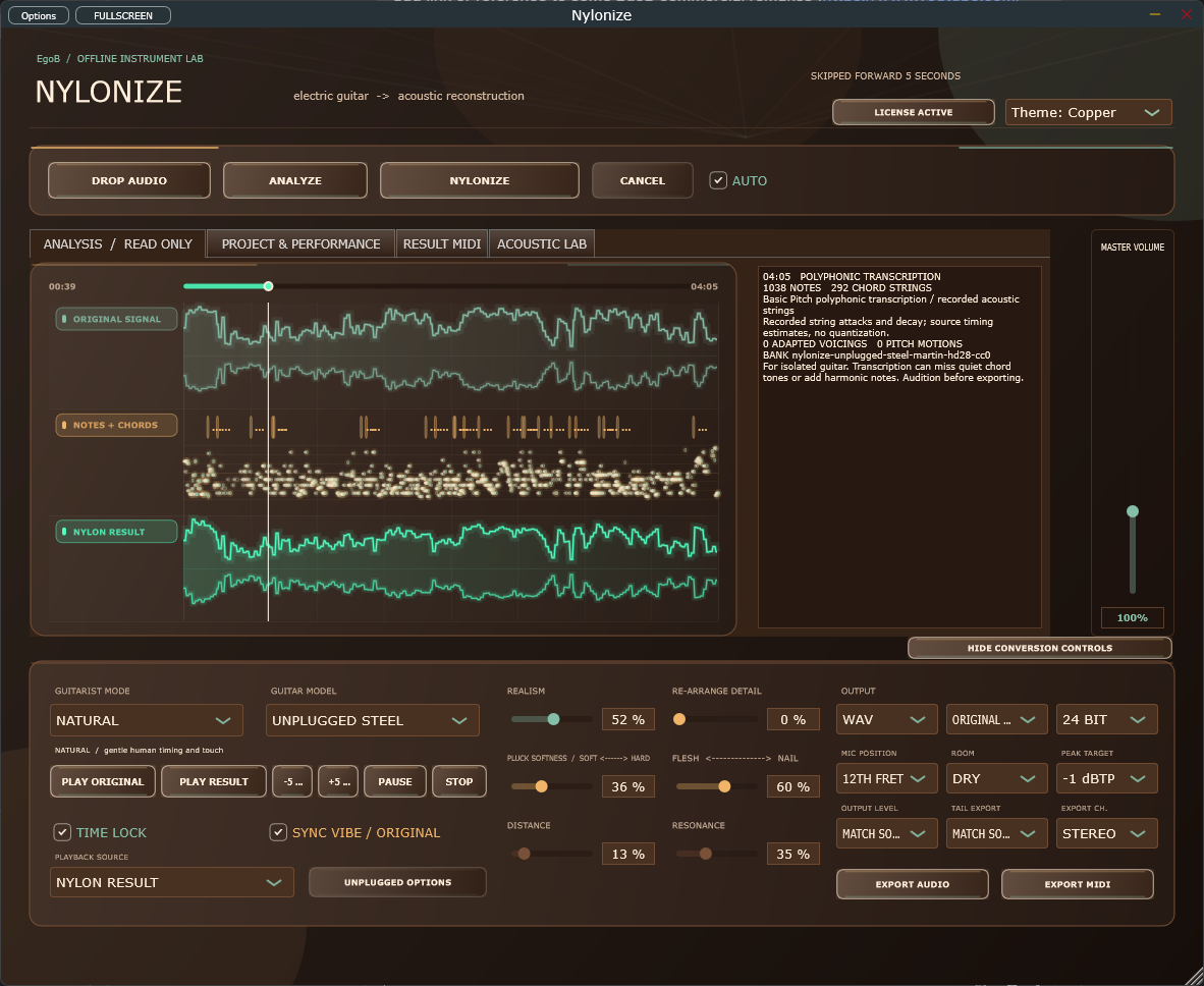 Nylonize Copper theme showing guitar analysis, detected notes and chords, and the reconstructed acoustic result