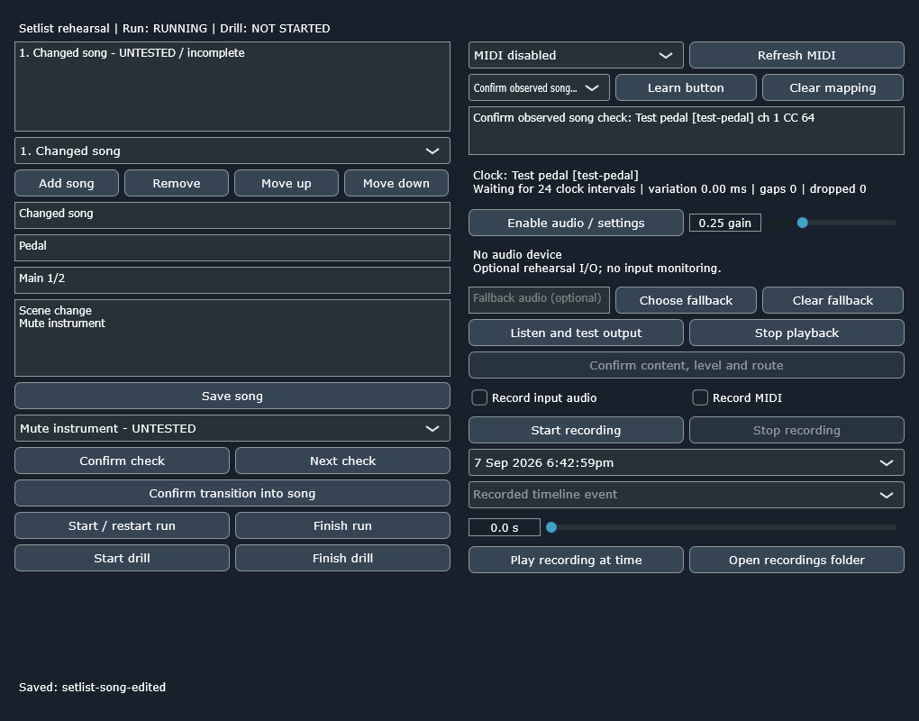 SignalProof setlist rehearsal workspace with MIDI checks and fallback audio controls