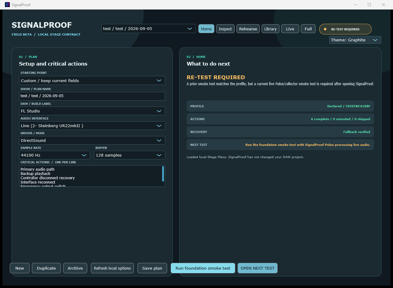 SignalProof 0.7.1 readiness workspace with OPEN NEXT TEST navigation