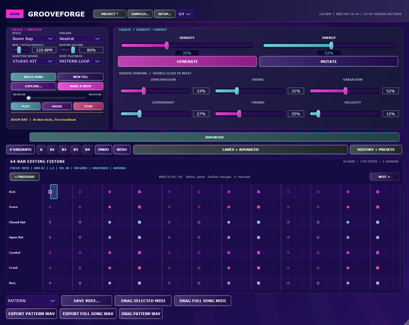 GrooveForge drum pattern editor with swing, energy and mutation controls