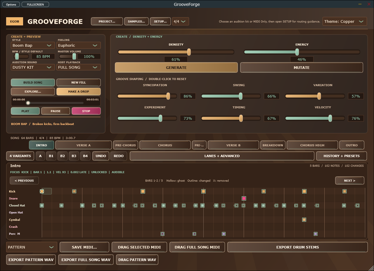 GrooveForge 2.6.2 arrangement workspace with EXPORT DRUM STEMS