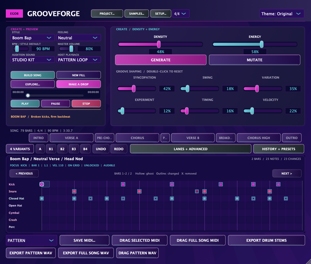 GrooveForge Mac song and pattern workspace
