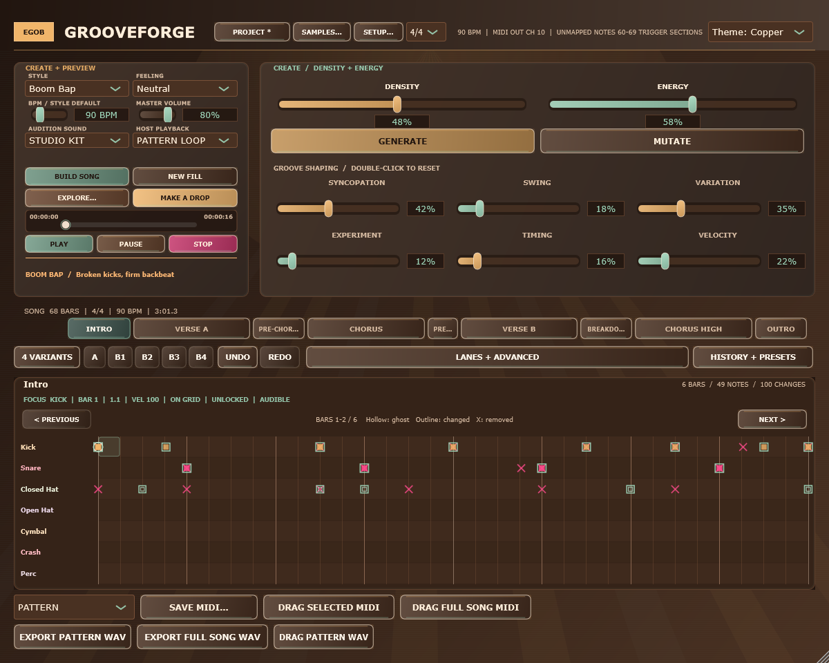GrooveForge 2.6.2 full-song arrangement with meter-aware duration and export controls